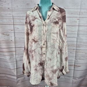 Sparks Womens Large 100% Silk Button Up Shirt Top Pockets Tie Dye Long Sleeve